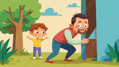 A Man Playing Hide and Seek with a Child. Perfect for:Father's Day, Children's Day, Family Day, Outdoor Events, Family Bonding, Children's Day, Outdoor Activities.