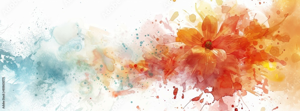 A watercolor painting of a flower with a blue and orange background. The painting is full of splatters and he is abstract