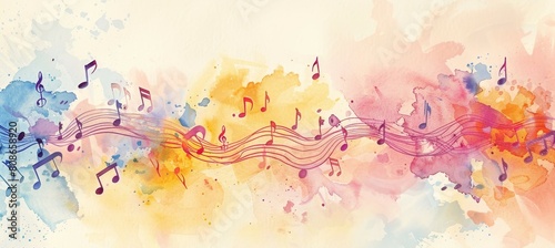 A colorful watercolor painting of musical notes. The painting is full of different colors and shapes  and it seems to be a representation of music. The mood of the painting is lively and energetic