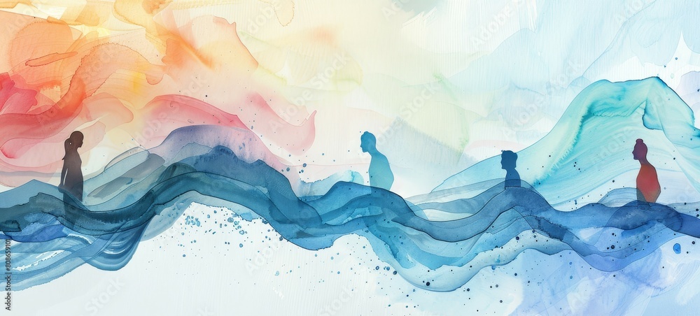 A painting of a group of people walking in the water. The painting is full of color and has a sense of movement. The people in the painting are all different sizes