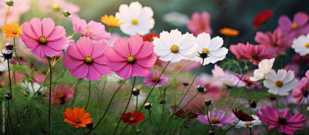 A vibrant display of cosmos flowers surrounded by lush green foliage. Copy space image. Place for adding text and design
