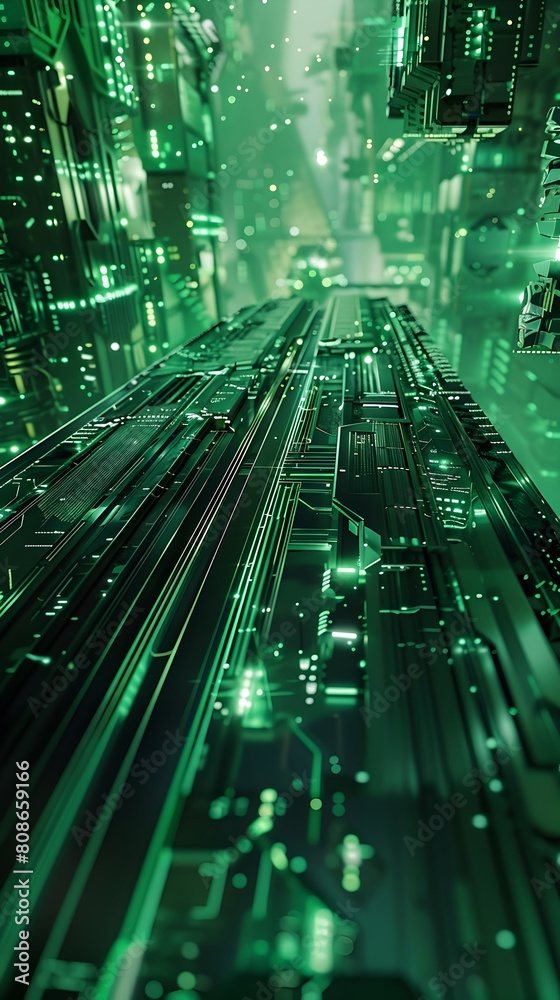Fototapeta premium Glowing Futuristic Circuit Board Landscape in Vibrant Green and Black Tones description This captivating digital image depicts a dynamic futuristic