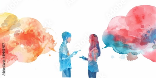 Two people talking to each other, one of them is holding a cell phone. The image has a colorful and artistic feel to it, with the two people and their conversation being the main focus photo