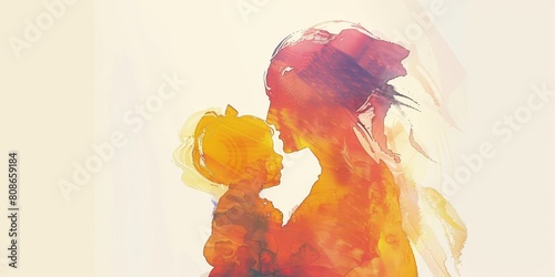 A woman holding a child in a painting. The painting is full of colors and has a warm, loving feeling © kiimoshi