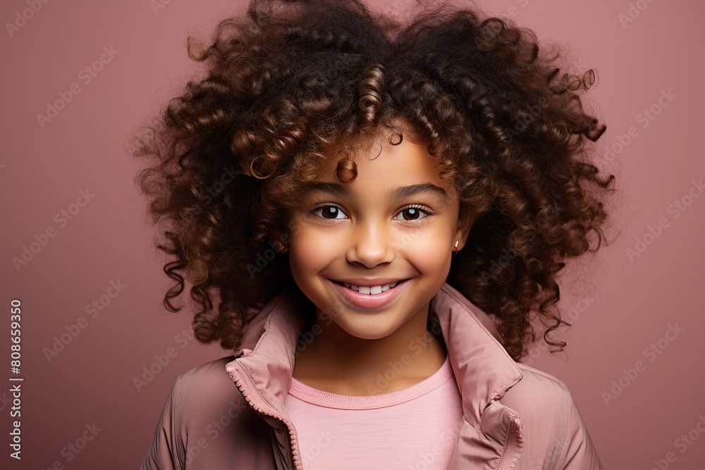 Portrait of a little afro mestizo girl on a pink background in pink clothes. Portrait of a little afro mestizo girl on a pink background in pink clothes.