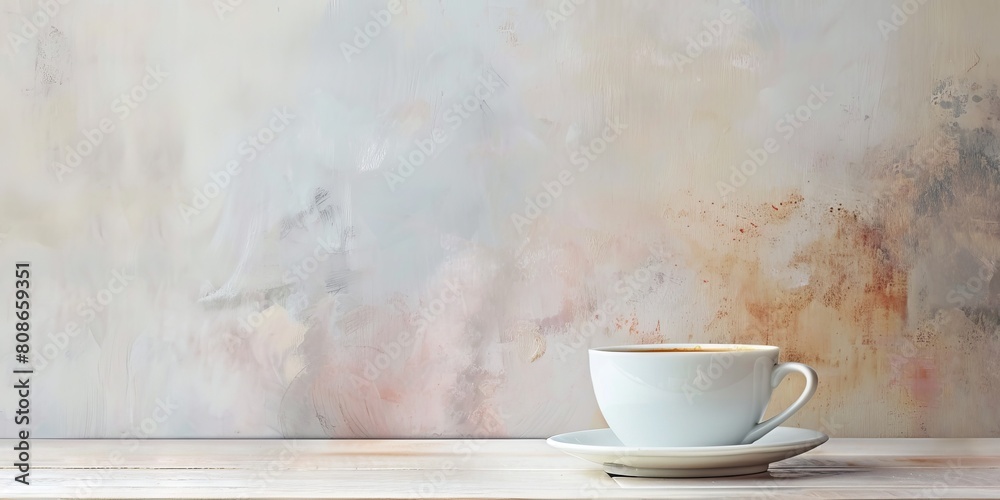 A white coffee cup sits on a white saucer on a table. The image has a calm and peaceful mood, as the cup and saucer are the only objects in the scene