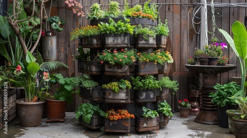 A garden with many plants and pots