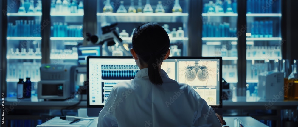 A medical science laboratory with a diverse team of professional biotechnology scientists developing drugs, and a female biochemist showing a computer screen showing a gene therapy interface. Back A medical science laboratory with a diverse team of professional biotechnology scientists developing drugs, and a female biochemist showing a computer screen showing a gene therapy interface. Back
