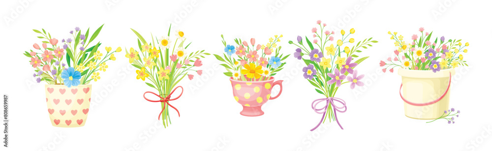 Spring Floral Composition with Blooming Flora Vector Set Spring Floral Composition with Blooming Flora Vector Set