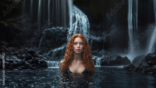 Beautiful  woman against the backdrop of a waterfall. 