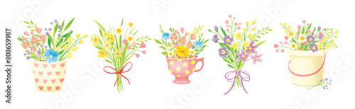 Spring Floral Composition with Blooming Flora Vector Set