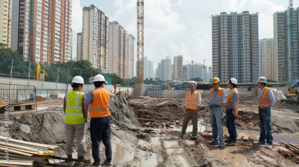 A group of workers at a construction site in an urban area A group of workers at a construction site in an urban area
