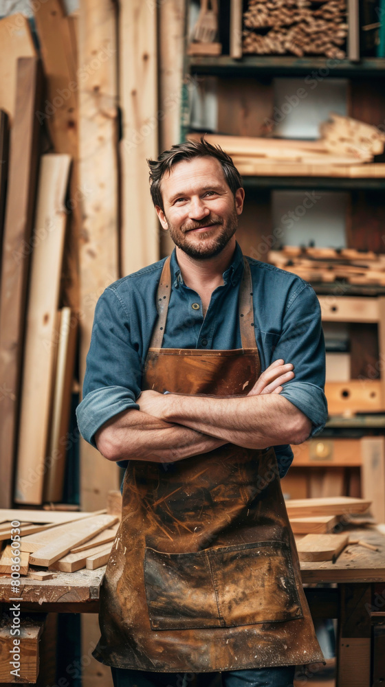 A portrait of smiling male carpenter standing in front of his woodwork workshop A portrait of smiling male carpenter standing in front of his woodwork workshop