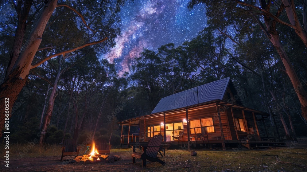 A cabin with a fireplace and two chairs by a lake A cabin with a fireplace and two chairs by a lake
