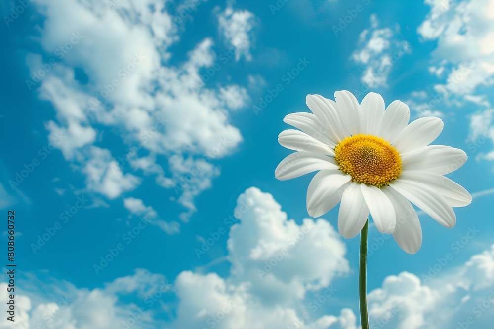 Delicate White Daisy Flower Blooming Amidst Fluffy Clouds in Tranquil Blue Sky Backdrop Delicate White Daisy Flower Blooming Amidst Fluffy Clouds in Tranquil Blue Sky Backdrop