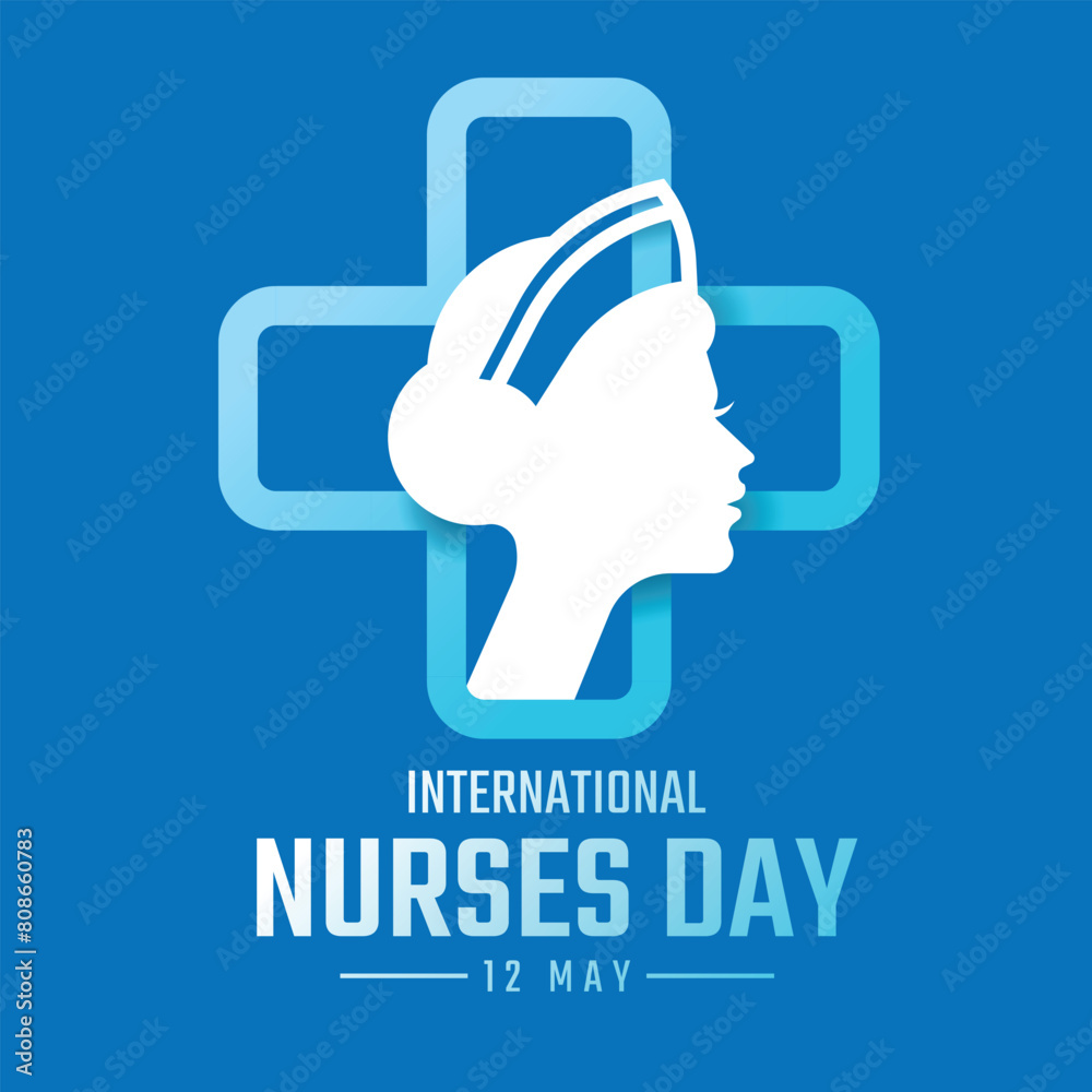 International nurses day - White head woman nurse on line blue cross symbol on blue background vector design International nurses day - White head woman nurse on line blue cross symbol on blue background vector design