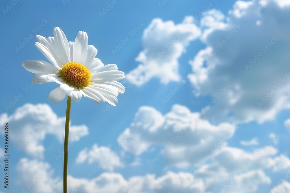 Delicate Daisy Flower Blooming Against Idyllic Cloudy Blue Sky in Summer Pastoral Landscape Delicate Daisy Flower Blooming Against Idyllic Cloudy Blue Sky in Summer Pastoral Landscape