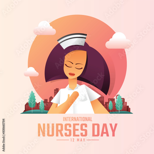 International nurses day - Cute charecter woman nurse put hand on chest with pride on cityscape and circle sun vector design