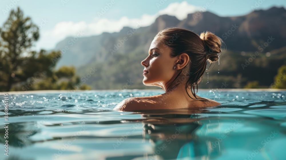 A beautiful woman is swimming in pool with mountain on background maintaining a sense of natural beauty. Luxury vacation relaxing concept. A beautiful woman is swimming in pool with mountain on background maintaining a sense of natural beauty. Luxury vacation relaxing concept.