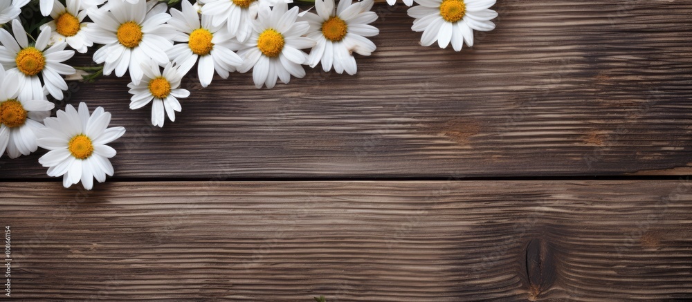 Obraz premium A serene image of white chamomile flowers showcased on a rustic wooden backdrop Perfect for using as a copy space image