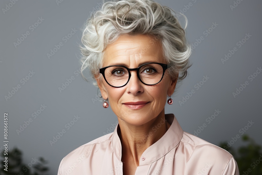 Portrait of a stylish and smiling grandmother with a stylish hairstyle and gray hair color.