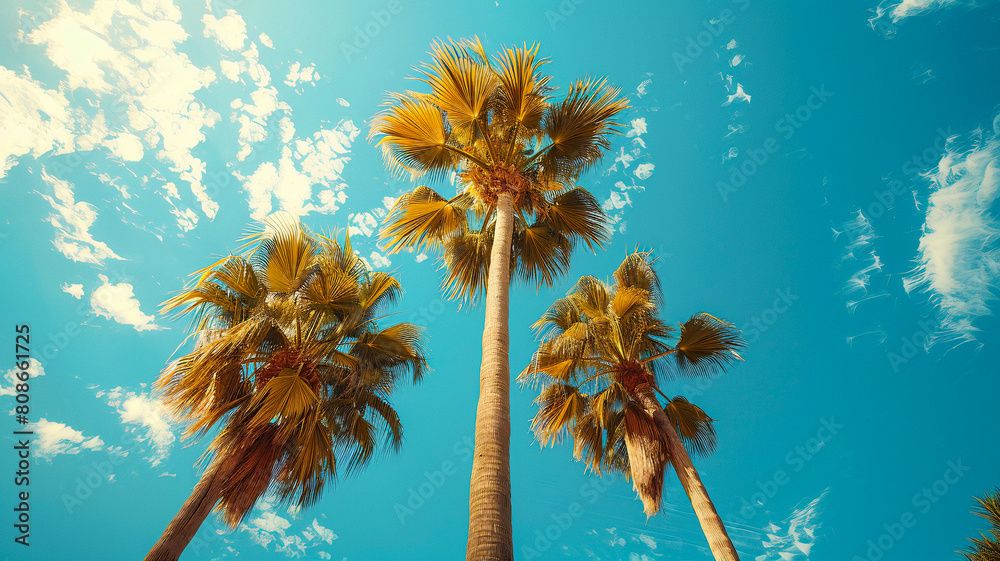 Blue sky and palm trees, view from below, vintage style, tropical beach and summer background