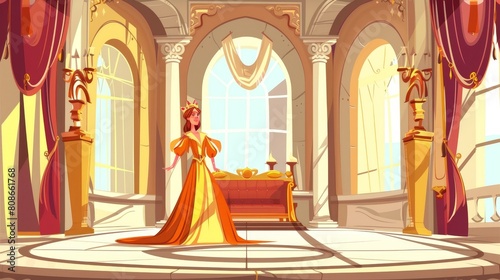 Illustration of a medieval throne room interior, royalty cartoon character in a gold crown and a luxury dress. Kingdom computer game, fantasy illustration. photo