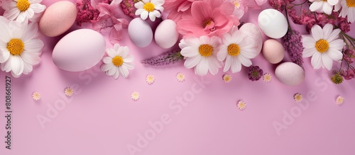 A vibrant flat lay showcasing Easter and the arrival of spring set against a delightful pink background Perfect for copy space image