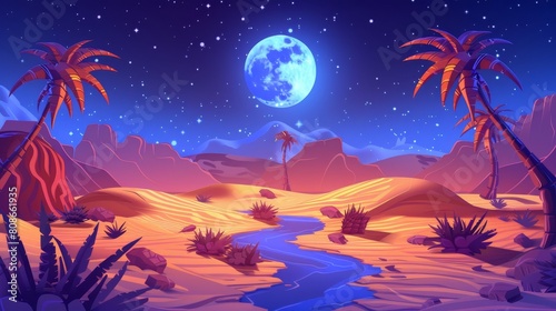 Desert oasis under a full moon starry sky. Cartoon landscape river  sand dunes  palm trees  modern parallax background for games.