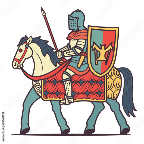 Medieval knight riding horse, armed spear shield, wearing armor. Retro style vector illustration chivalry, historical reenactment. Colorful drawing depicting historical warfare, knightly virtues