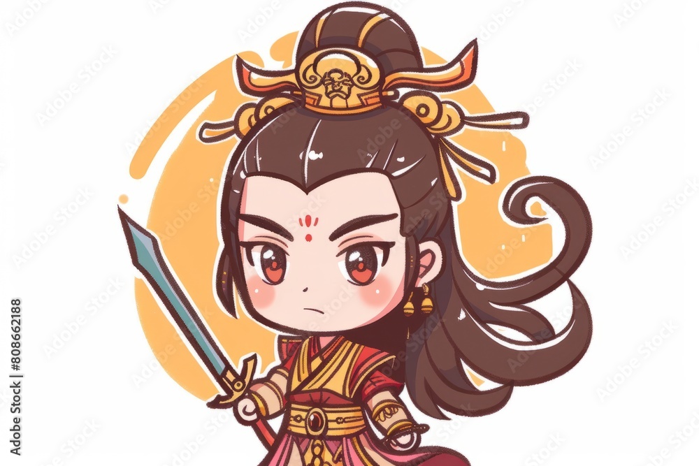 Cartoon cute doodles of the fearsome warrior Diaochan, whose beauty and cunning schemes caused chaos and discord among the warlords, Generative AI