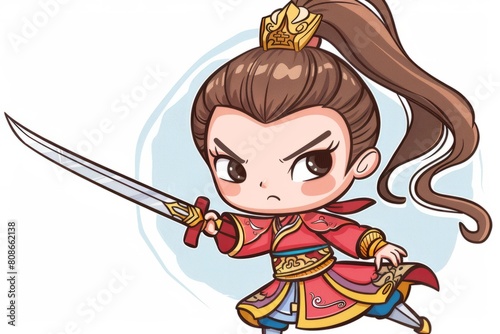 Cartoon cute doodles of the fearsome warrior Diaochan, whose beauty and cunning schemes caused chaos and discord among the warlords, Generative AI photo