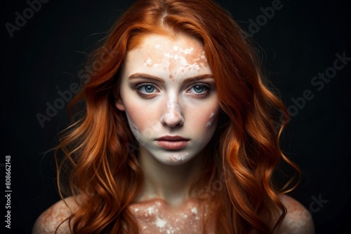 Leukoderma. Vitiligo. Violation of skin pigmentation. Large white spots all over the body and face. Portrait of a beautiful girl with a skin disease.