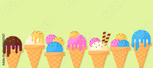 colorful banner ice cream cone scoop summer sweet food background illustration