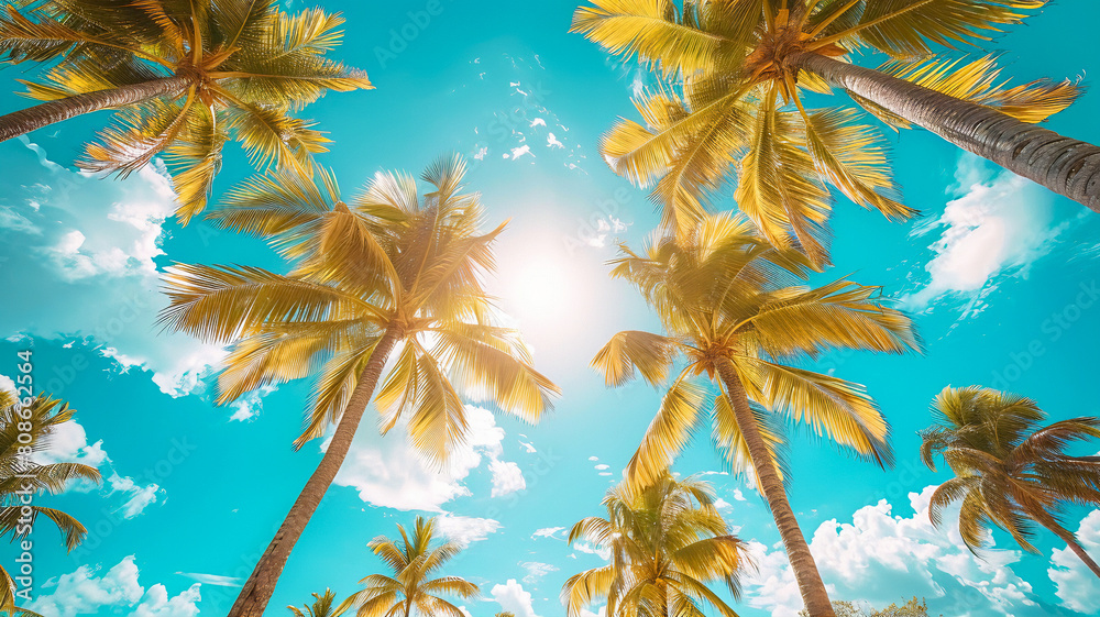 Blue sky and palm trees, view from below, vintage style, tropical beach and summer background