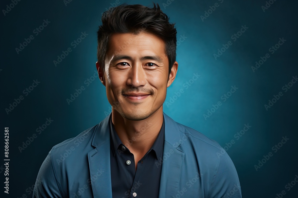 portrait of a smiling Asian man on a blue background.