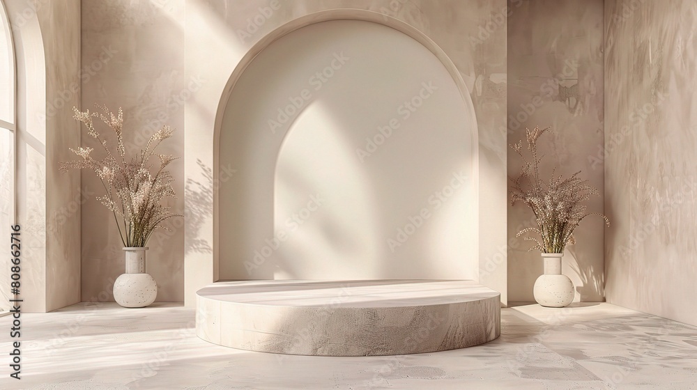 3D rendering of a neutral-toned backdrop with a geometric podium 3D rendering of a neutral-toned backdrop with a geometric podium