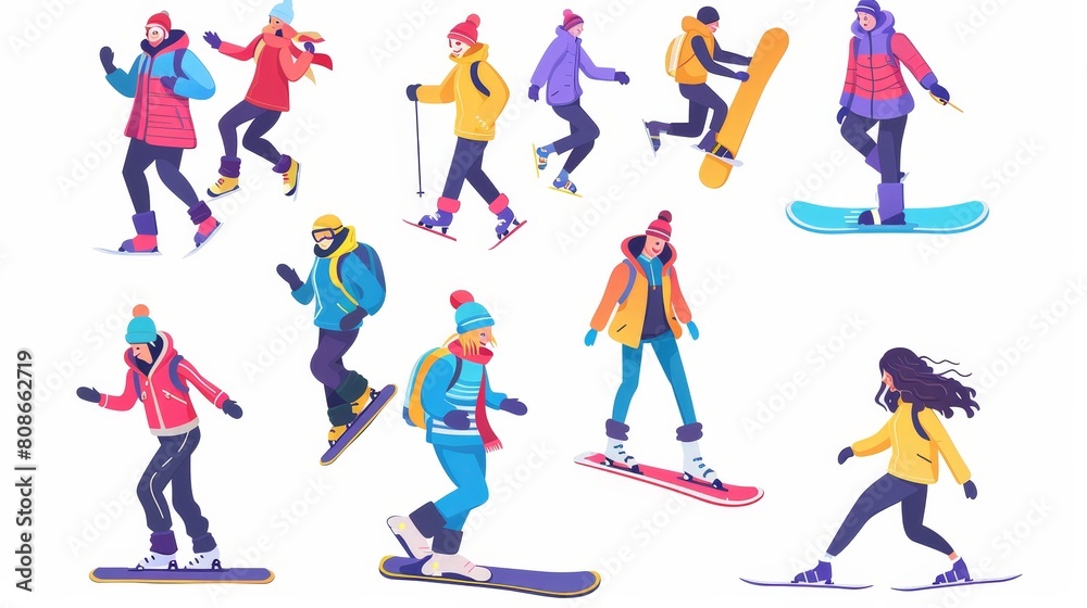 Sporty people riding snowboards, skiing, and skating. Cartoon characters wintertime season active recreation, activity entertainment, modern set. Sporty people riding snowboards, skiing, and skating. Cartoon characters wintertime season active recreation, activity entertainment, modern set.