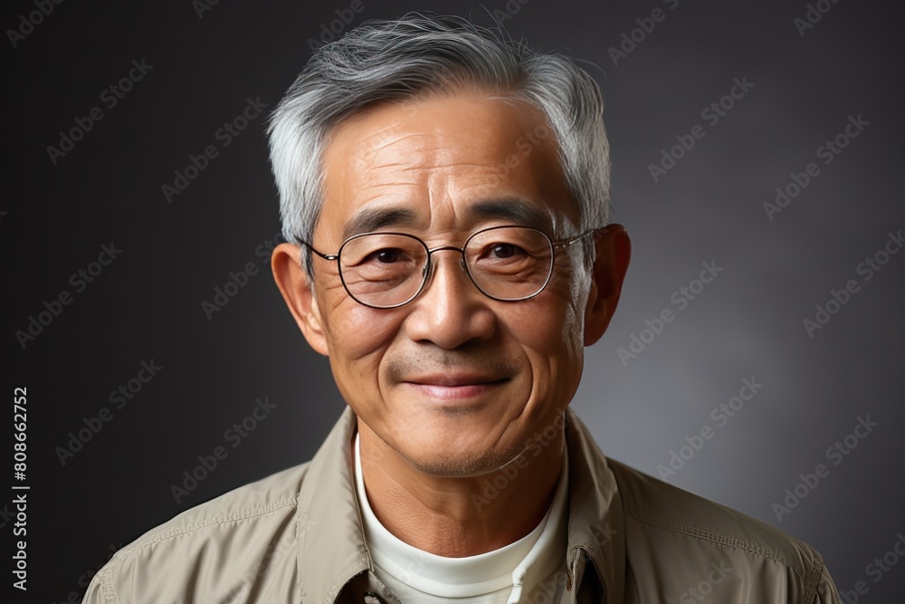 portrait of smiling asian grandfather on gray background.