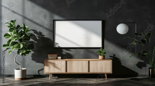A 3D rendering of a frame on a cabinet in a living room interior with an empty dark background