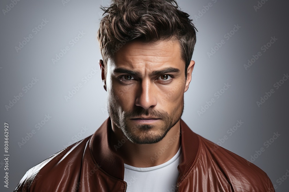 Portrait of a serious man with a slight unshaven in a leather brown jacket bumper.