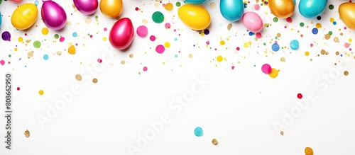 A vibrant display of Easter eggs and confetti against a white background creating a cheerful copy space image