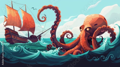 Angry Kraken attacks seagoing vessel with tentacles and wooden vessel with red sails. Modern illustration of giant marine animal and monster cephalopod. photo
