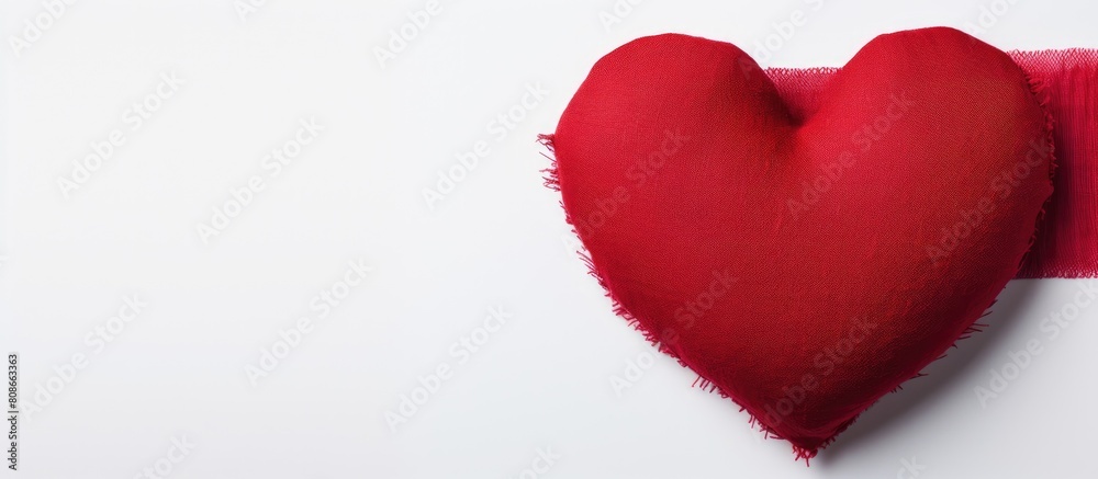 A handmade red heart textile with a white background and plenty of copy space image available