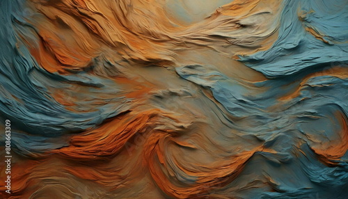 Abstract painting of a clay texture, orange and blue hues mixing together into grays. Wallpaper background