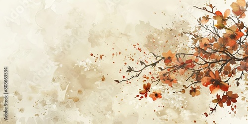 A painting of a tree branch with leaves in various shades of orange. The background is a light beige color © kiimoshi