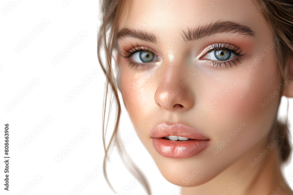 Half portrait of young beautiful girl with brown eyes, glowing face skin and lips on isolated transparent background Half portrait of young beautiful girl with brown eyes, glowing face skin and lips on isolated transparent background
