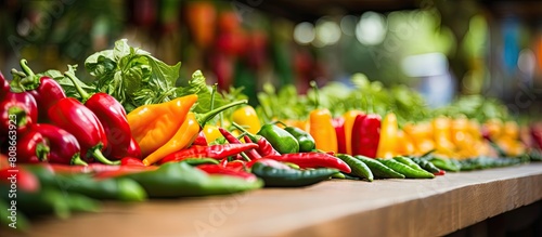 Fresh organic hot peppers sit tantalizingly on a market counter surrounded by a colorful array of vegetables sourced directly from local farmers The natural background sets the stage for an eco frien photo