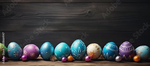 Wooden background with Easter eggs providing ample space for copy and images