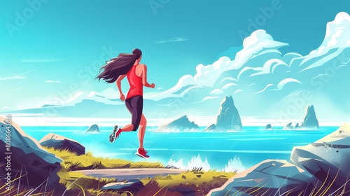 An illustration of a female character running cartoon posters. A girl runs by road with an ocean and rock landscape in the background. Modern illustration of a female character training outdoors,